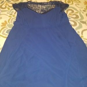 Full length navy blue dress with lace neckline